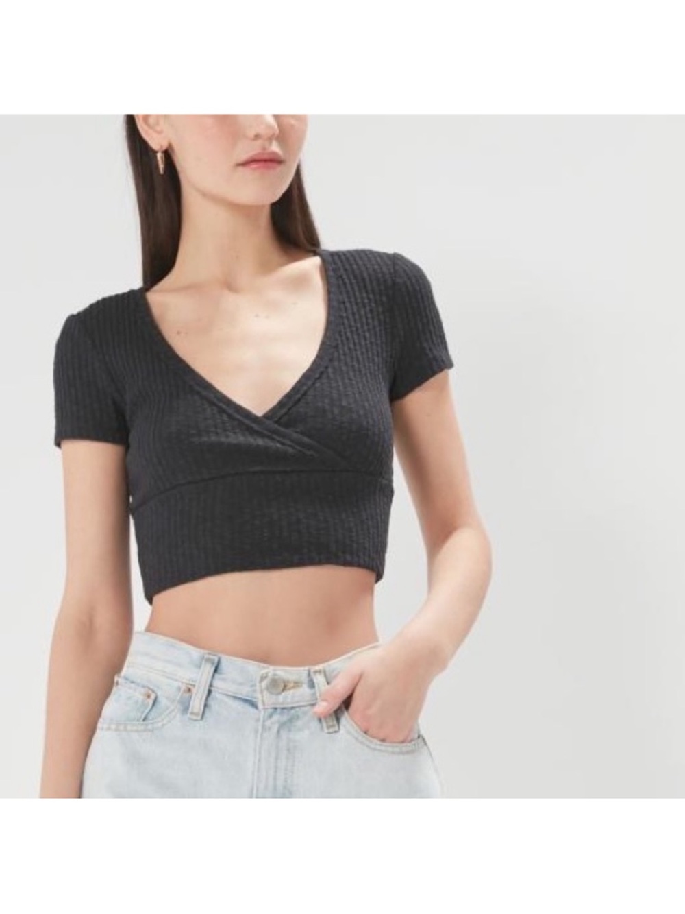 Urban Outfitters Black Ribbed Wrap-Style Crop Top